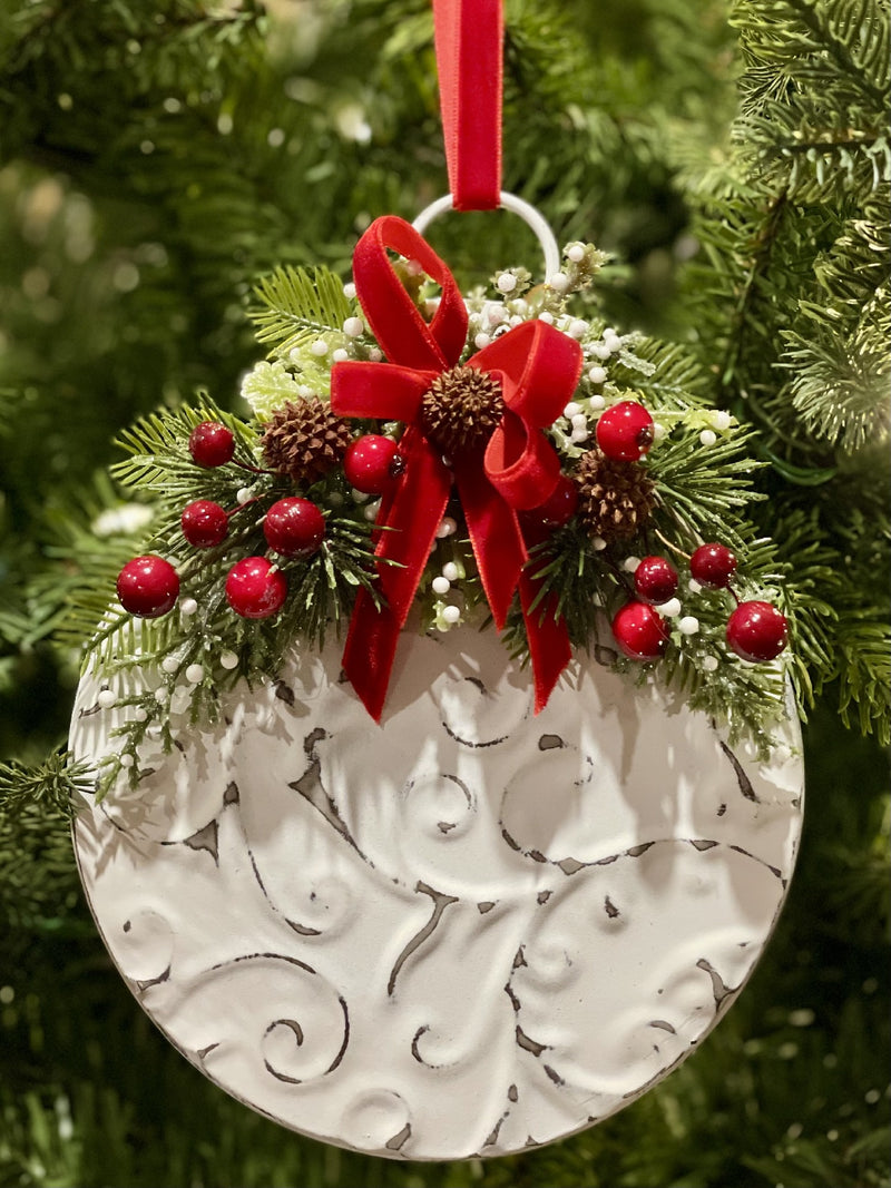 DECORATED WHITE EMBOSSED TIN BAUBLE HANGING ORNAMENT 