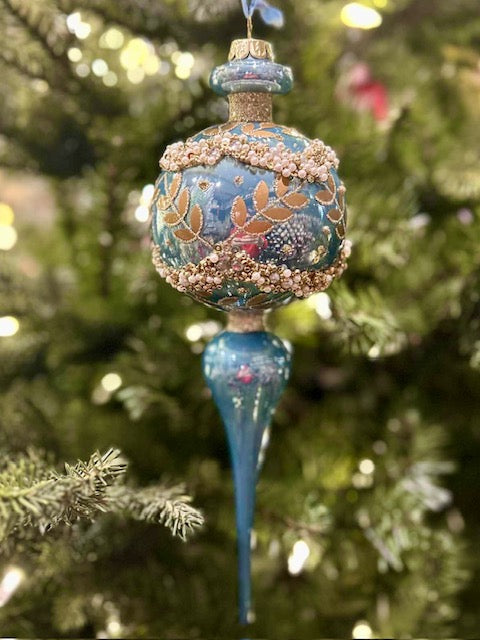 BLUE IRRIDESENT GOLD LEAF ROUND FINIAL GLASS ORNAMENT 4523009