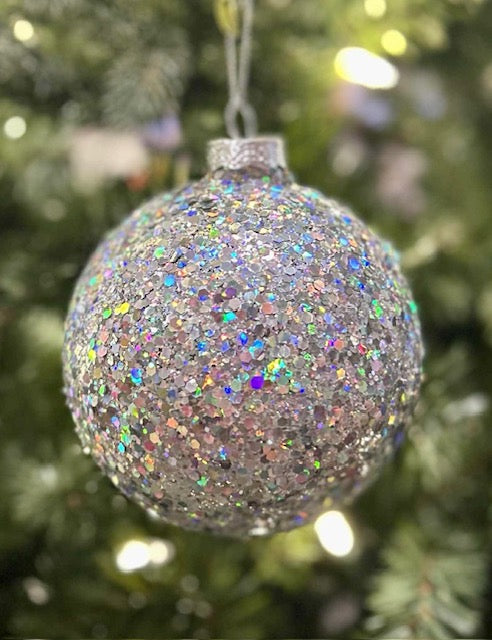 SILVER IRIDESCENT GLITTER ROUND GLASS ORNAMENT 4523156