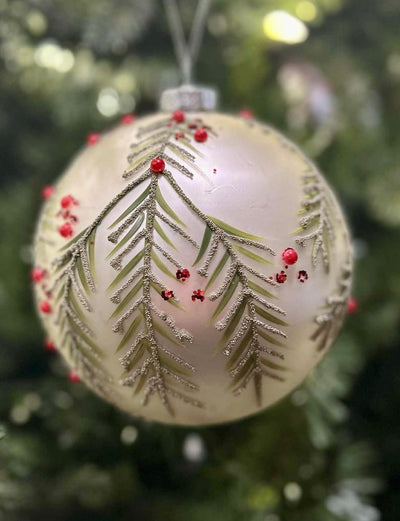 WHITE WITH TEXTURED HOLLY ROUND GLASS ORNAMENT 4522912