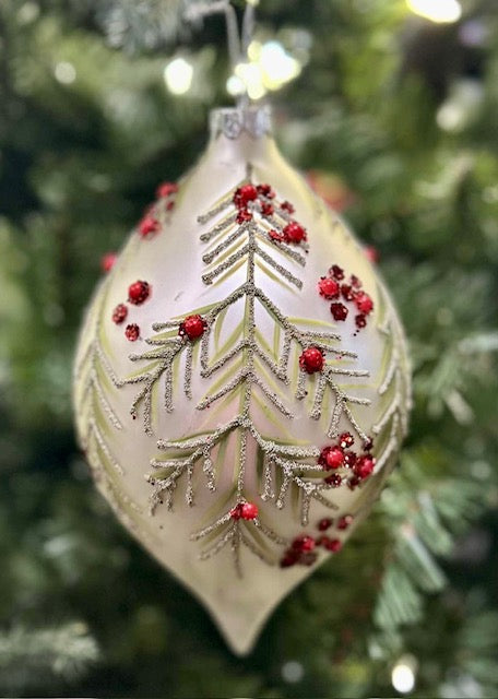 WHITE WITH TEXTURED HOLLY TEARDROP GLASS ORNAMENT 4522912