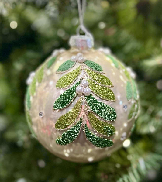 PEARL WITH LEAF DESIGN ROUND GLASS ORNAMENT 4522922