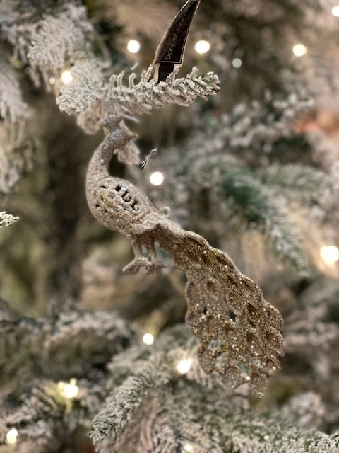 CHAMPAGNE GLITTER PEACOCK SHATTERPROOF ORNAMENT X417553