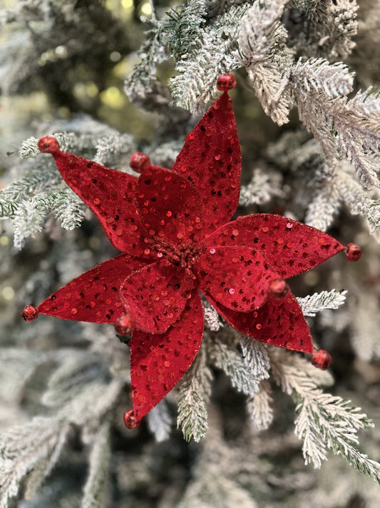 RED SEQUIN POINSETTIA WITH BELLS X419946