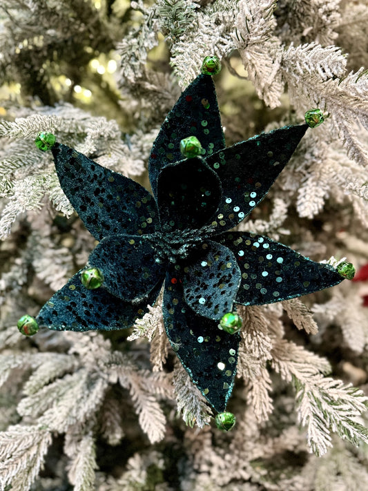 GREEN SEQUIN POINSETTIA WITH BELLS X419946