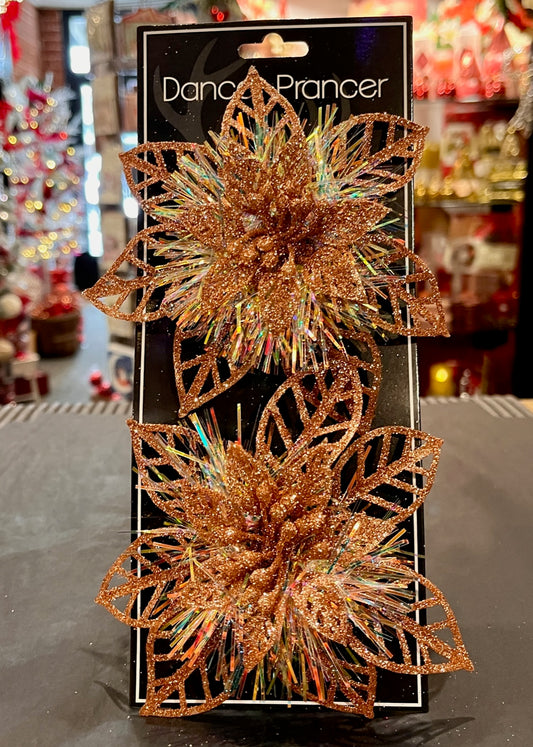 PACK OF 2 ROSE GOLD TINSEL CLIP ON POINSETTIAS X440100