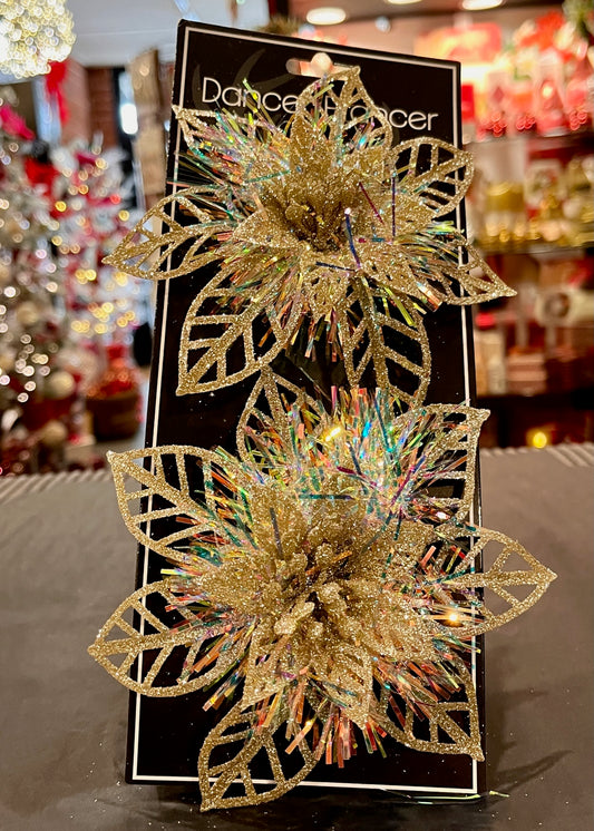 PACK OF 2 CHAMPAGNE TINSEL CLIP ON POINSETTIAS X440100