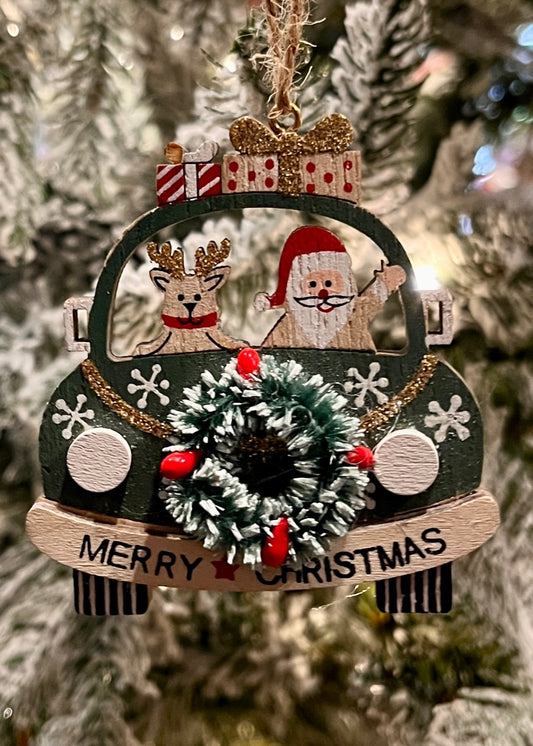 GREEN REINDEER & SANTA IN VW HANGING ORNAMENT UC510682