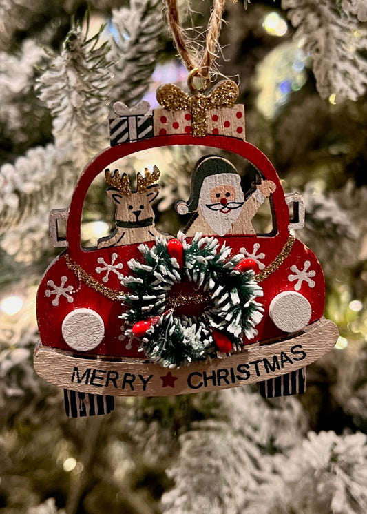 RED REINDEER & SANTA IN VW HANGING ORNAMENT UC510682
