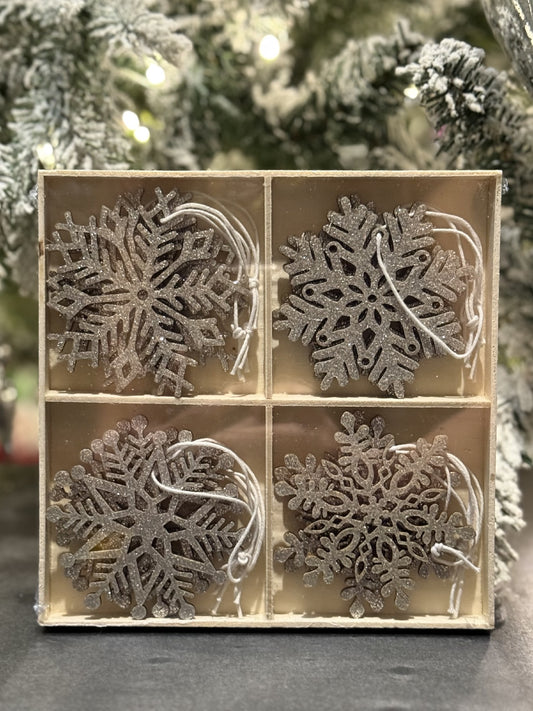 12pce 5cm Plywood Snowflake - Silver Glitter XM0288