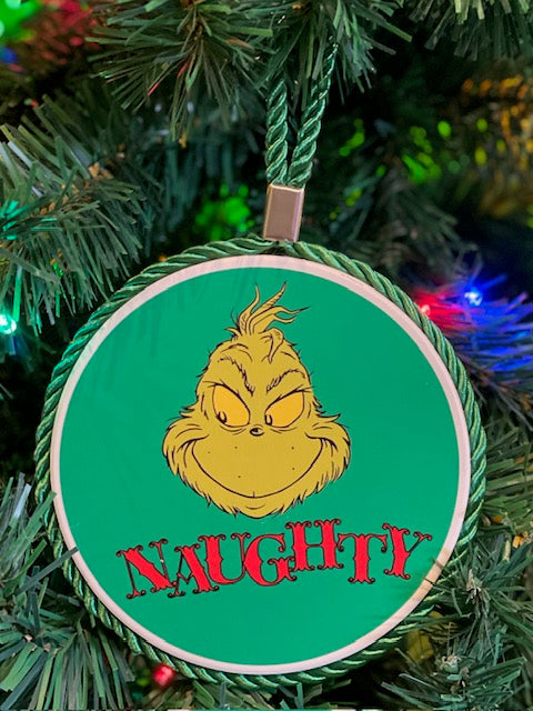 GREEN NAUGHTY GRINCH HANGING ORNAMENT XSIGN67