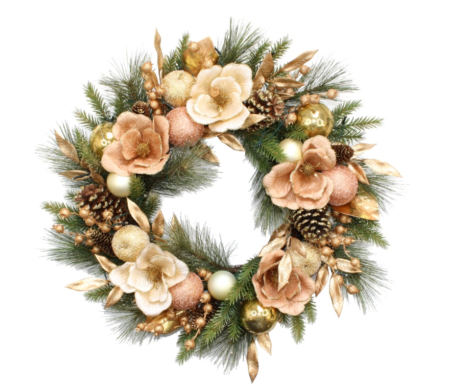 CHAMPAGNE MAGNOLIA SPRUCE LED WREATH XA014A