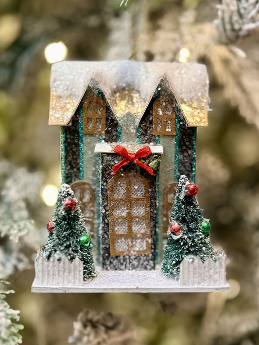 Hanging Ornament Lit House - Green Stripe 4512531