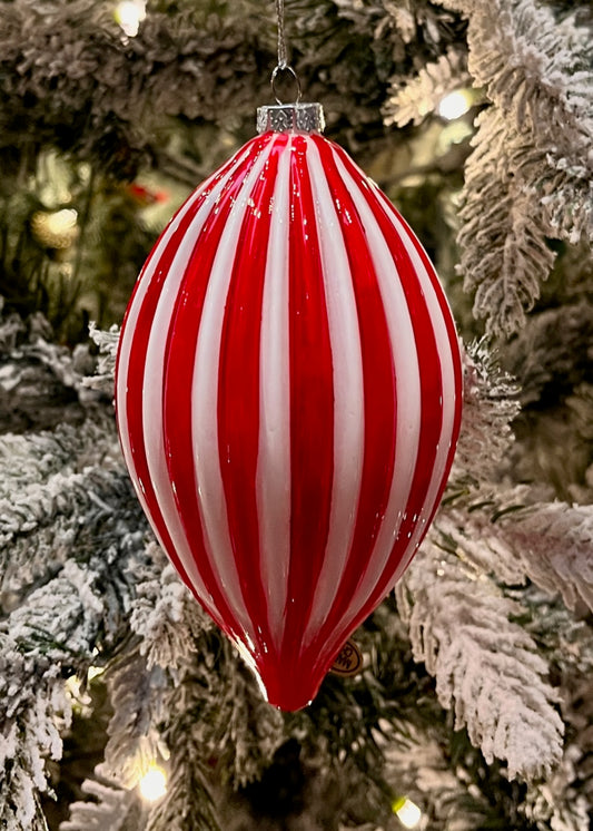 RED & WHITE STRIPE TEARDROP GLASS ORNAMENT 4520059