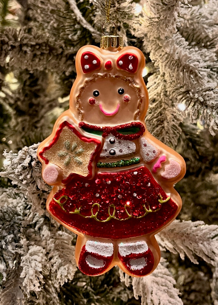 HAPPY GINGERBREAD GIRL WITH BOW GLASS ORNAMENT 4520034