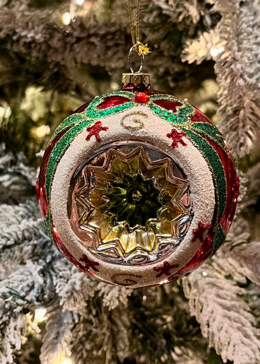 RED VINTAGE REFLECTOR WITH BOW ROUND GLASS ORNAMENT 4520921
