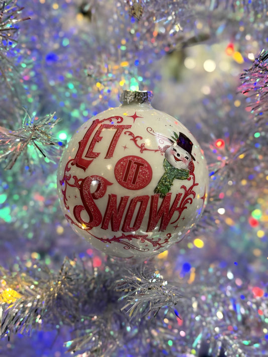 HOLIDAY SPARKLE LET IT SNOW PINK ROUND GLASS ORNAMENT 4524617