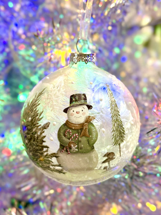 FROSTED BALL WITH SNOWMAN IN GREEN JACKET 4524810