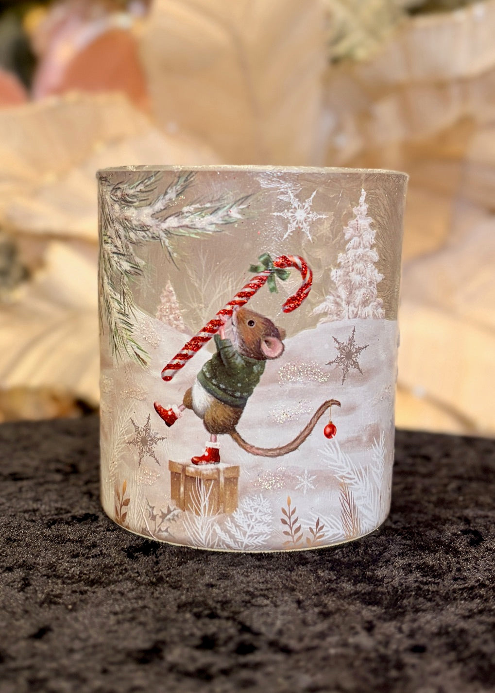 FROSTED GLASS VOTIVE WITH MOUSE HOLDING CANDY CANE 4525002