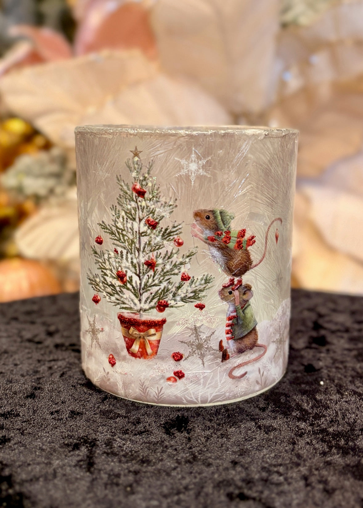 FROSTED GLASS VOTIVE WITH MICE DECORATING TREE 452002