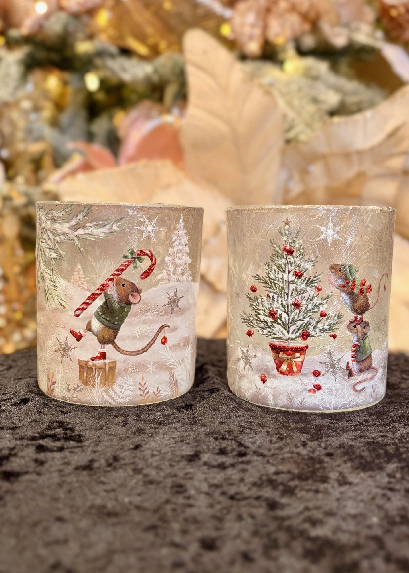 FROSTED GLASS VOTIVE WITH MICE DECORATING TREE 452002