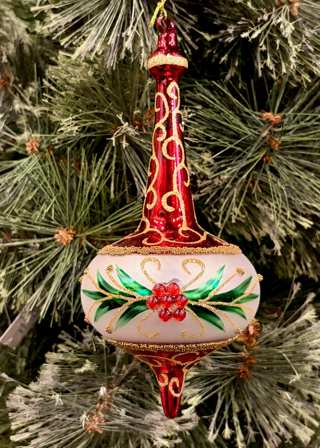 RED WITH LEAF DETAIL FINIAL GLASS ORNAMENT 4524848