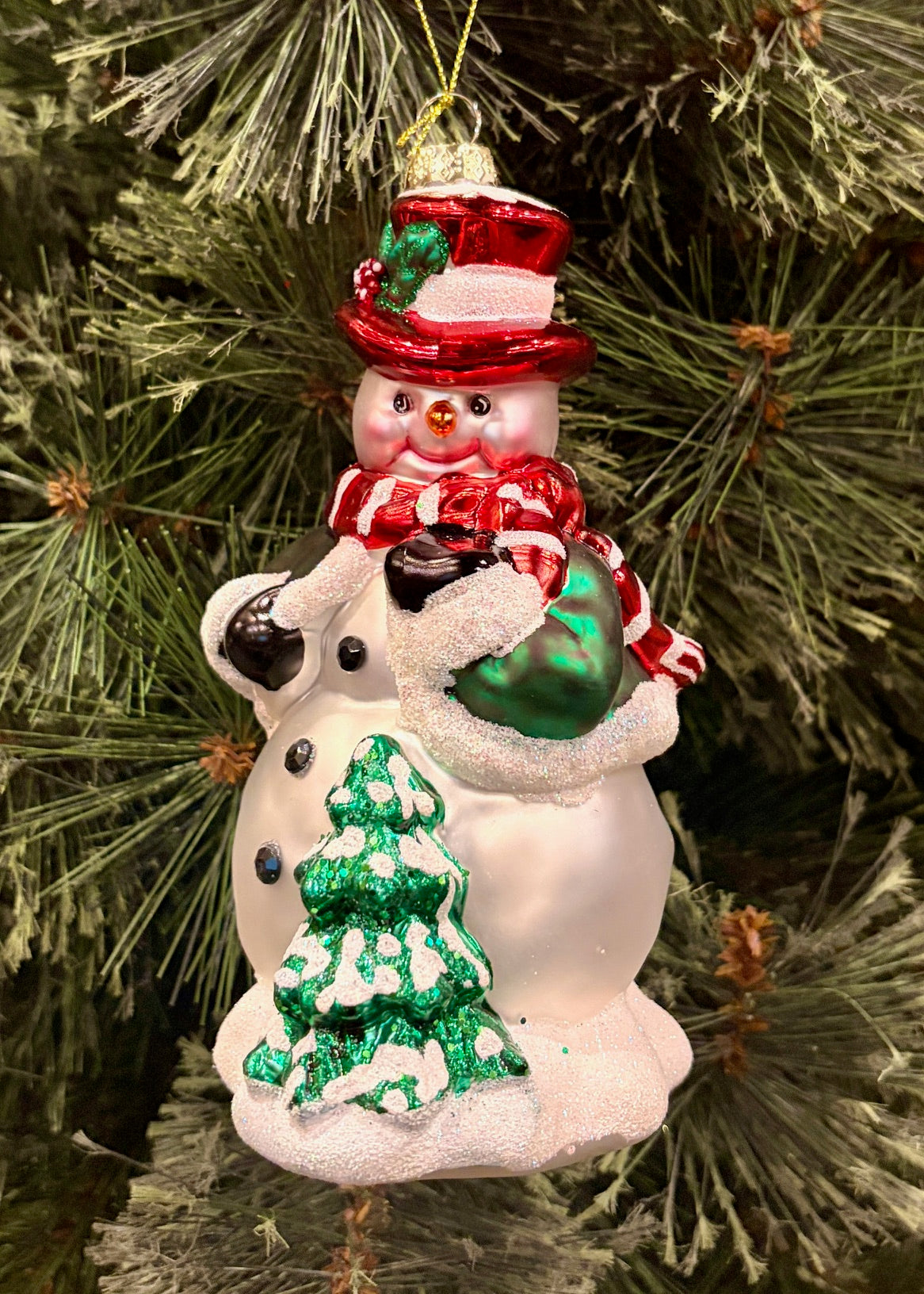 SNOWMAN WITH RED HAT AND TREE GLASS HANIGNG ORNAMENT 4524854