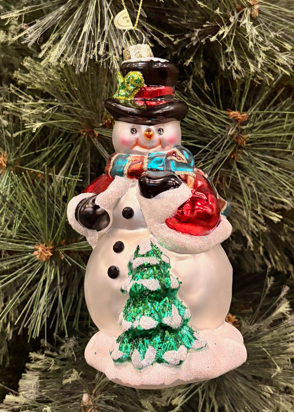 SNOWMAN WITH BLACK HAT & TREE GLASS HANGING ORNAMENT 4524854