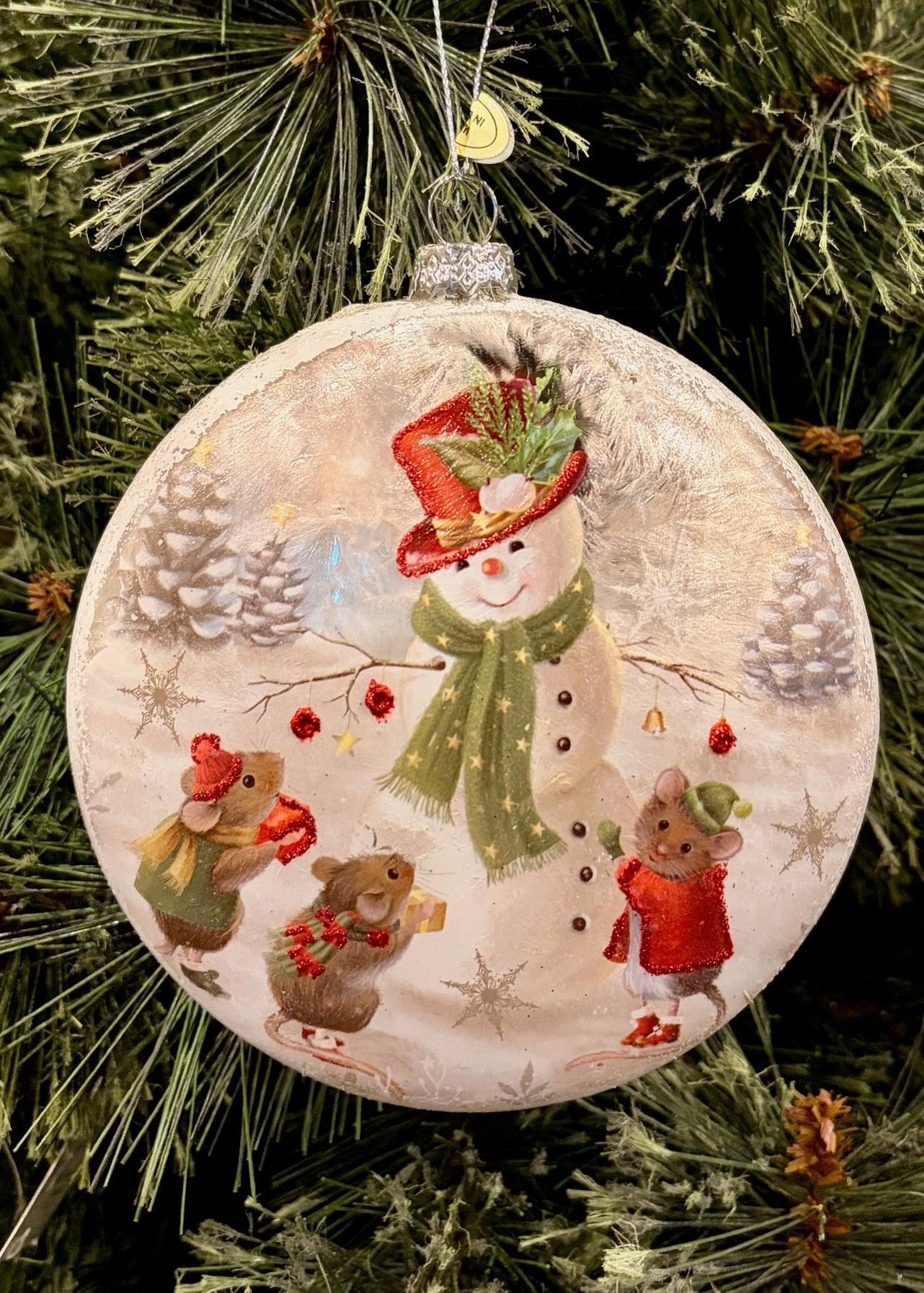 MICE WITH SNOWMAN GLASS DISC ORNAMENT 4525000