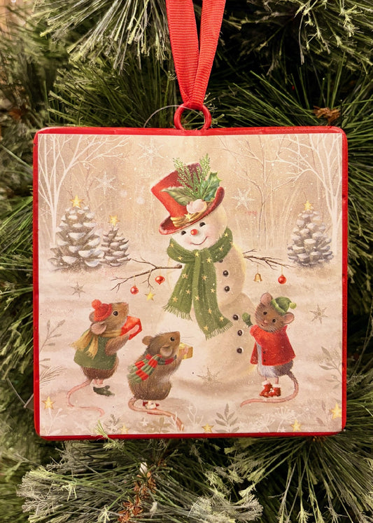 SNOWMAN WITH MICE METAL HANGING ORNAMENT 4536603