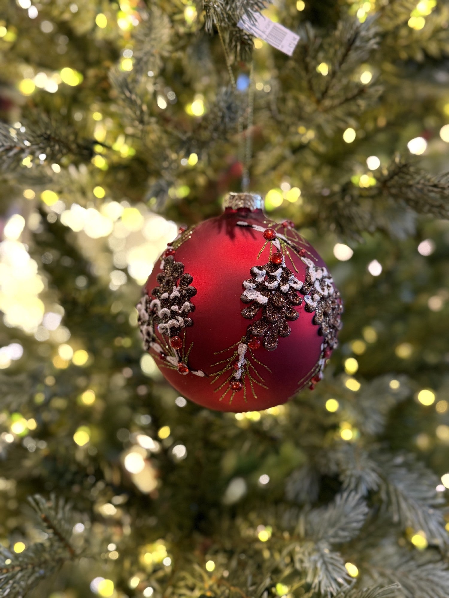 RED ROUND GLASS WITH PINECONE EMBELISHMENT HANGING ORNAMENT 4524975
