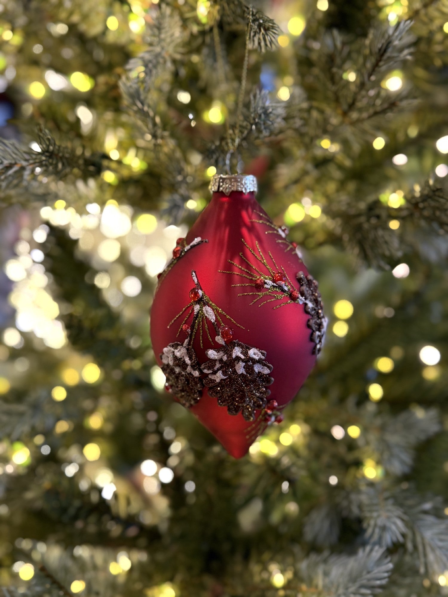 RED TEARDROP WITH PINECONE EMBELISHMENT HANGING ORNAMENT 4254975