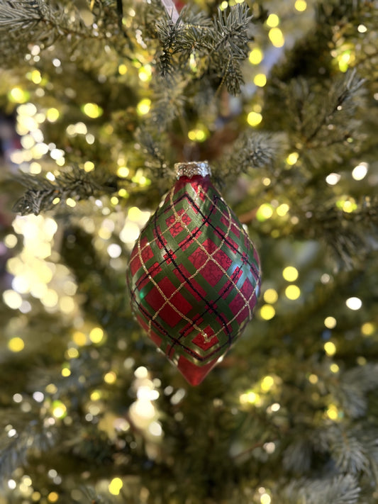 RED WITH TARTAN TEARDROP GLASS ORNAMENT 4524976