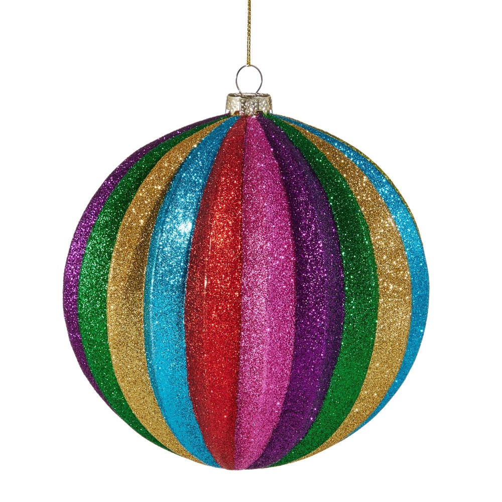 MULTICOLOUR STRIPED GLITTER 6 INCH ROUND GLASS ORNAMENT 4524898