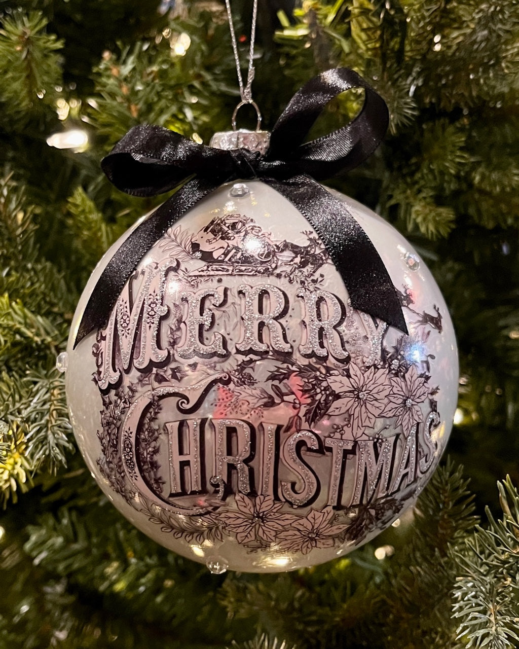 VINTAGE MERRY CHRISTMAS BLACK & WHITE 5 INCH GLASS ORNAEMNT 4524622