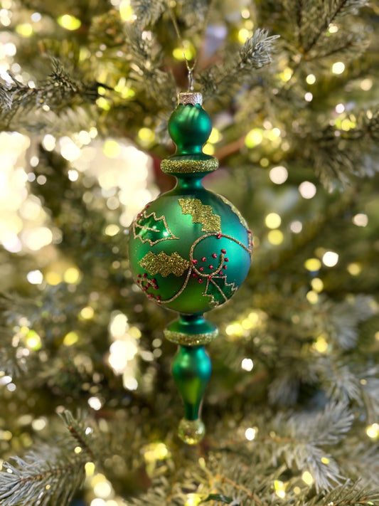 GREEN WITH HOLLY ROUND FINIAL GLASS ORNAMENT 4524882