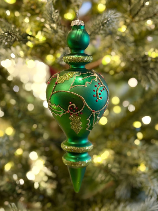 GREEN WITH HOLLY TEARDROP FINIAL GLASS ORNAMENT 4524882