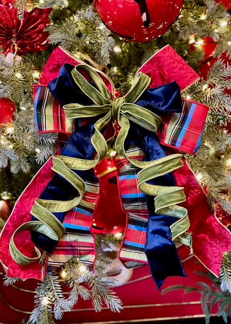 LARGE TARTAN, NAVY,RED & OLIVE HANDMADE BOW