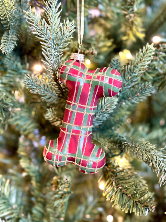 RED PLAID DOG BONE GLASS ORNAMENT 4520897