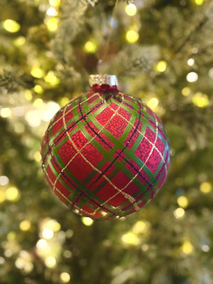 RED WITH TARTAN ROUND GLASS ORNAMENT 4524976
