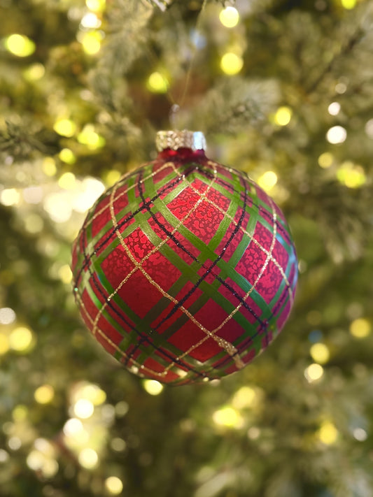 RED WITH TARTAN ROUND GLASS ORNAMENT 4524976