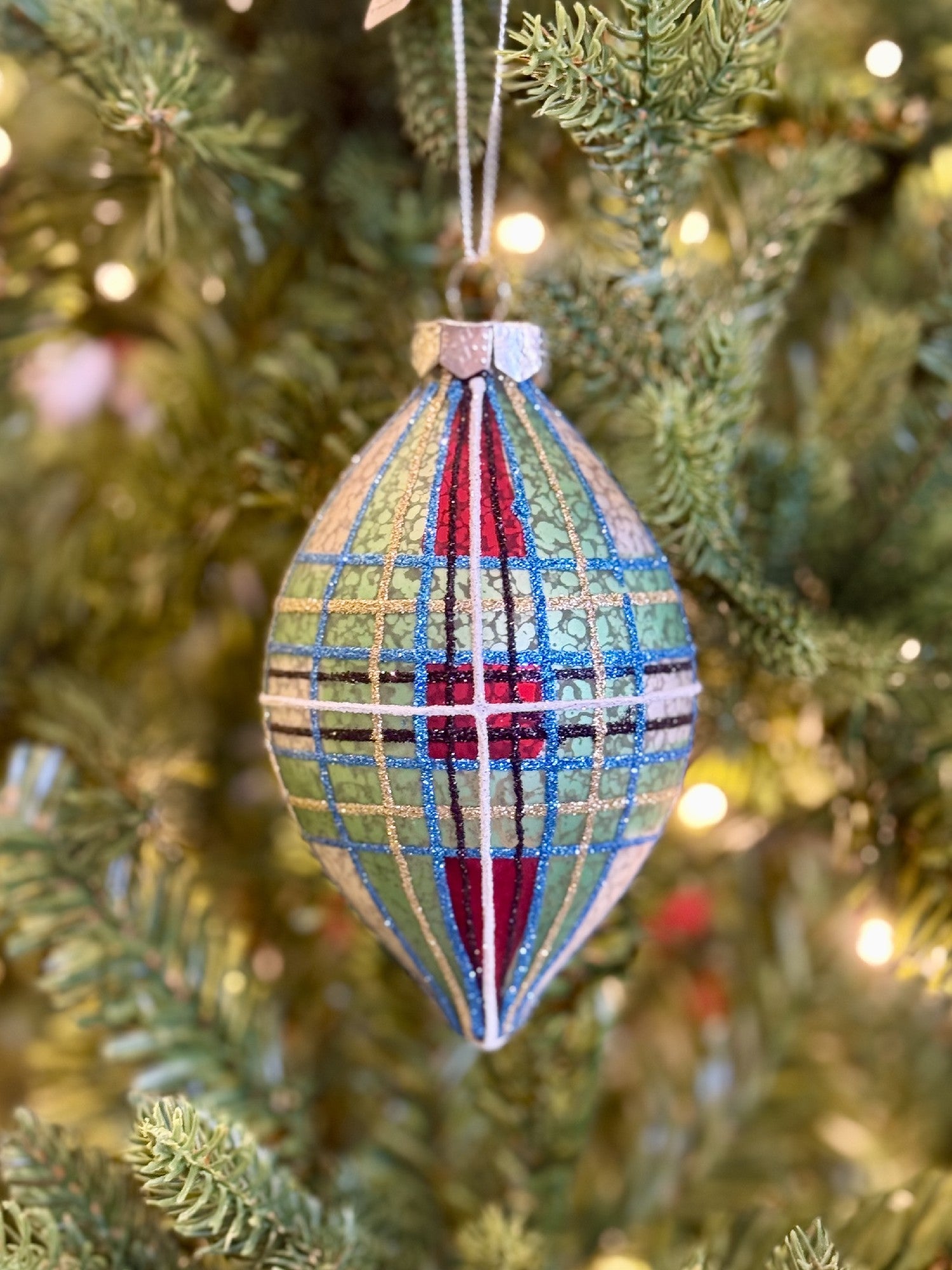Green Mercury Tartan Plaid Teardrop Glass Ornament 4520920