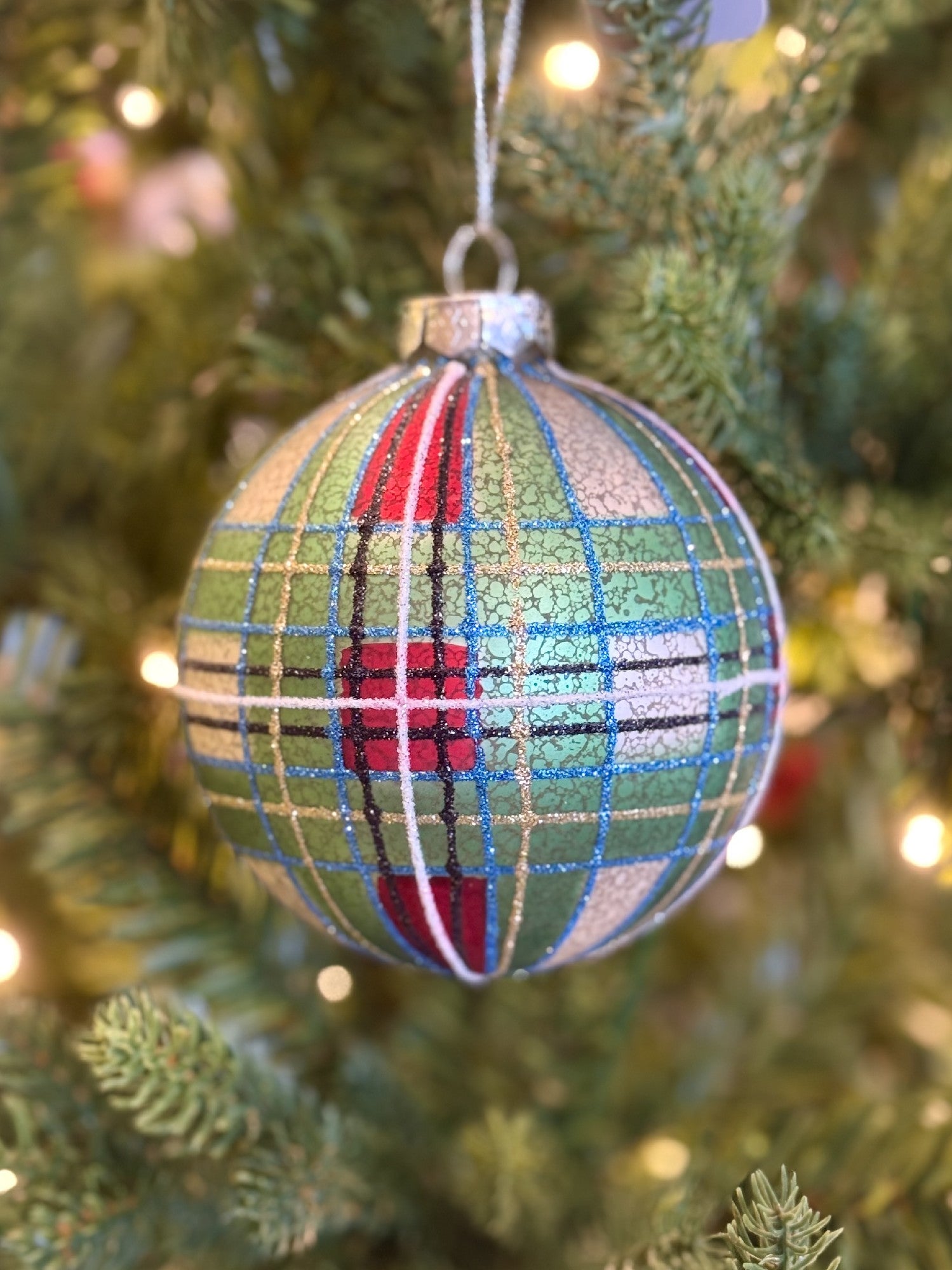 Green Mercury Tartan Plaid Round Glass Ornament 4520920