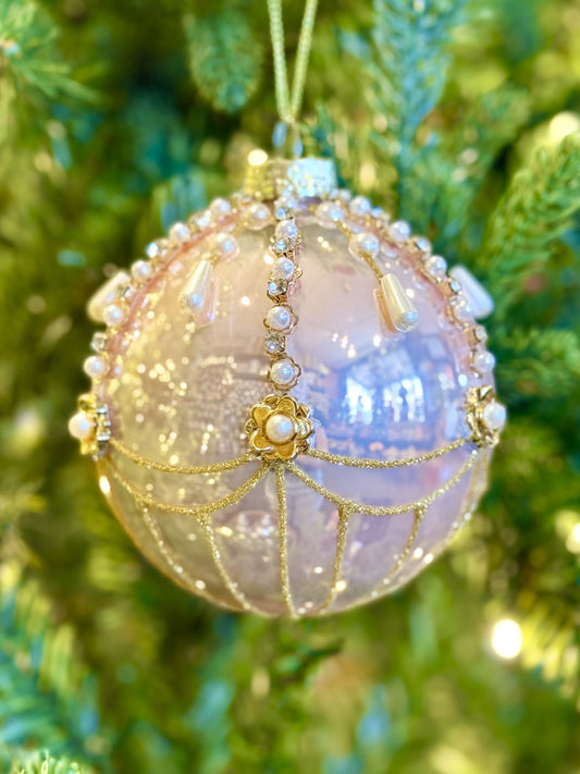 Pink Pearl Adorned Round Glass Hanging Ornament 4524985