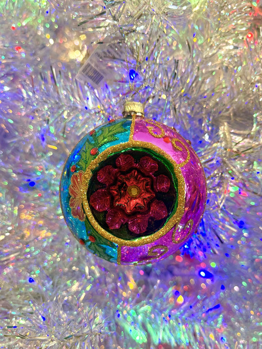 Vintage Pink + Blue Holly Round Reflector Ornament 4524893