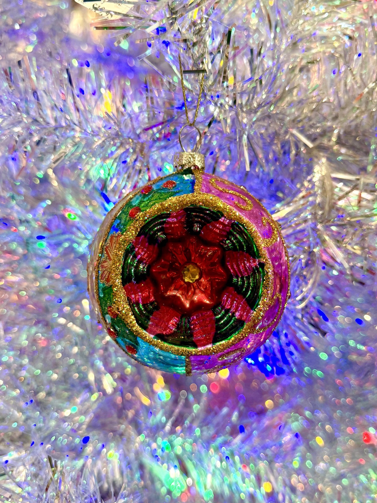 Vintage Blue + Purple Holly Round Small Reflector Ornament 4525045