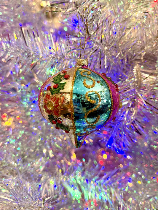Vintage Blue + Purple Holly Onion Small Reflector Ornament 4525045