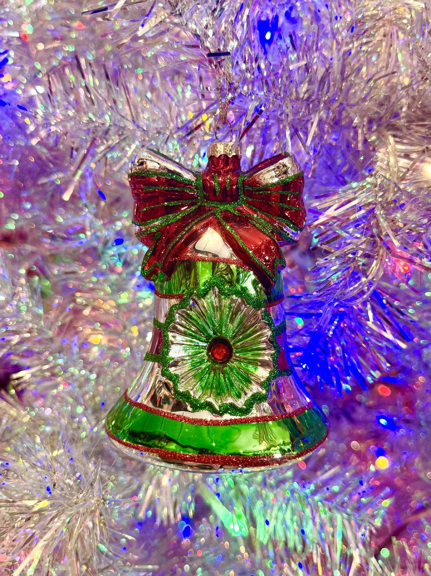 Vintage Green Striped Reflector Bell Ornament 4525408