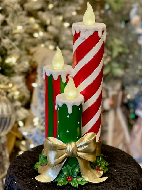 STRIPED 3 CANDLE LED WITH BOW XLD-C6CS370