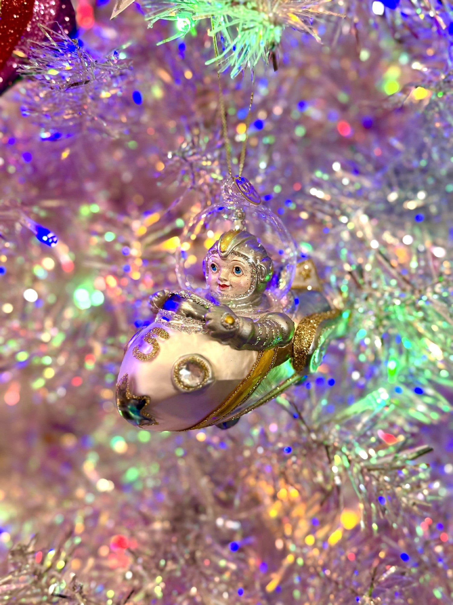 Astronaut Driving Spaceship Glass Ornament